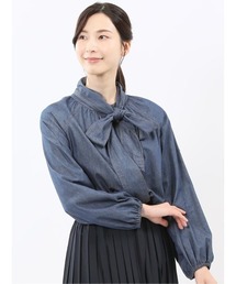 【ややゆったり リラックス】m.f.エディトリアル レディース ボウタイ付き バンドカラー デニム ブラウス