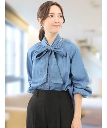 m.f.editorial（エムエフエディトリアル）の「【ややゆったり リラックス】m.f.エディトリアルレディース  ボウタイ付き バンドカラー デニムブラウス（シャツ/ブラウス）」