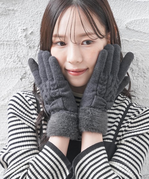リボン付きグレー長手袋 ハニぽか】リボン付ケーブル編手袋（手袋）｜Honeys（ハニーズ）の