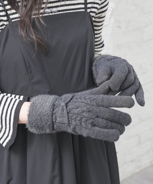 リボン付きグレー長手袋 ハニぽか】リボン付ケーブル編手袋（手袋）｜Honeys（ハニーズ）の