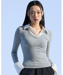 Cuff Collared Knit Top (GRAY)