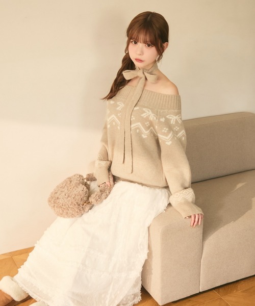 セール】ノルディック柄リボン付きオフショルダーニット（ニット