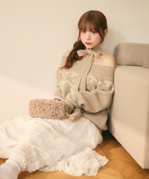 セール】ノルディック柄リボン付きオフショルダーニット（ニット