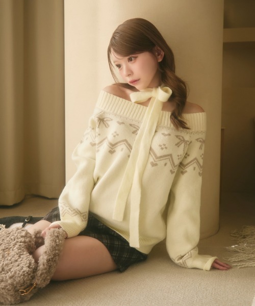 セール】ノルディック柄リボン付きオフショルダーニット（ニット