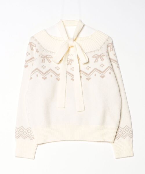 セール】ノルディック柄リボン付きオフショルダーニット（ニット