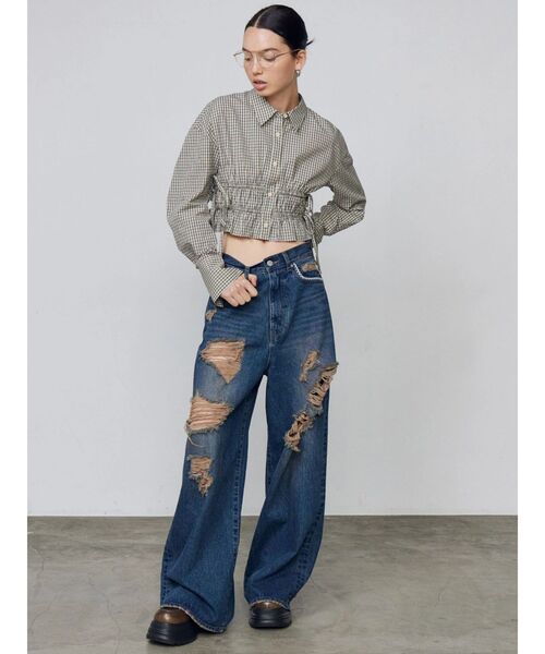 EMODA（エモダ）の「サイドリボンストリングシャツ（シャツ/ブラウス・レディース・ブルー/グレー/ホワイト・FREE）」の5枚目の写真