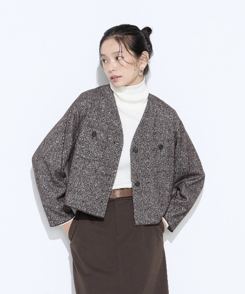 COMME CA（コムサ）の「ツイード柄リバージャージー ノーカラージャケット（ノーカラージャケット・レディース・ブラック/ブラウン・9号）」の2枚目の写真