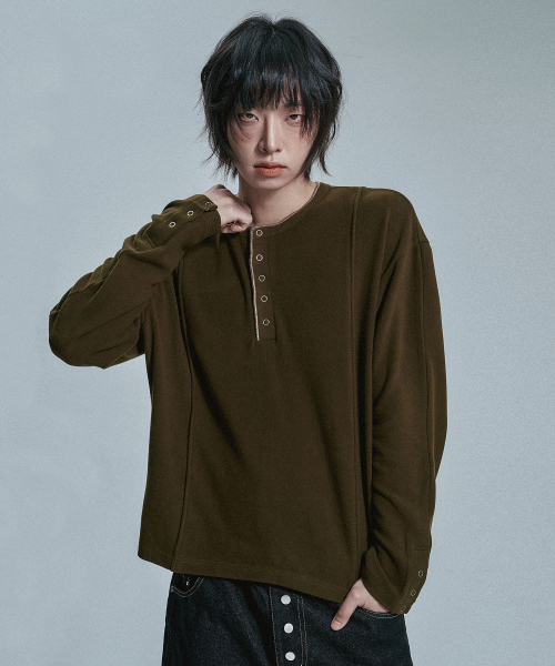 クロップヘンリーネックソフトロングスリーブ - カーキ
