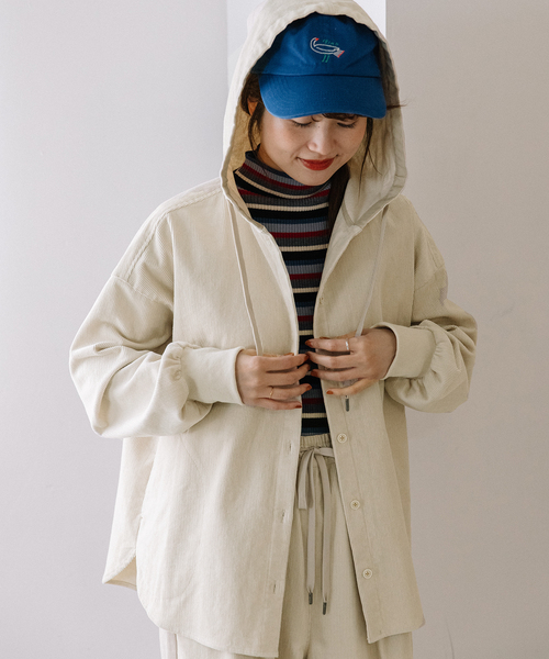 POU DOU DOU(プードゥドゥ)の「コーデュロイフーディシャツジャケット(その他アウター・レディース・キナリ/ダークグレー・M)」の7枚目の写真