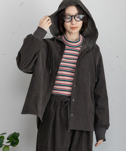 POU DOU DOU(プードゥドゥ)の「コーデュロイフーディシャツジャケット(その他アウター・レディース・キナリ/ダークグレー・M)」の15枚目の写真