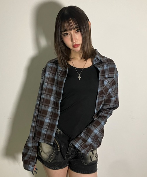 .KOM(ドットコム)の「A'GEM/9 × .kom 『.KOM/ドットケーオーエム』チェッククロップドロングスリーブシャツ(シャツ/ブラウス・レディース・ブルー/ブラック・FREE)」の6枚目の写真