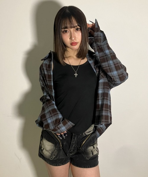 .KOM(ドットコム)の「A'GEM/9 × .kom 『.KOM/ドットケーオーエム』チェッククロップドロングスリーブシャツ(シャツ/ブラウス・レディース・ブルー/ブラック・FREE)」の9枚目の写真