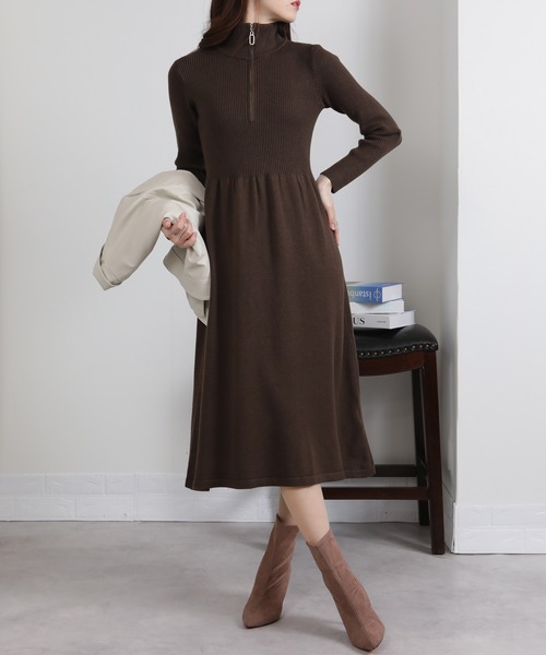 セール】リングジップ ハーフジップ ニットワンピース（ワンピース