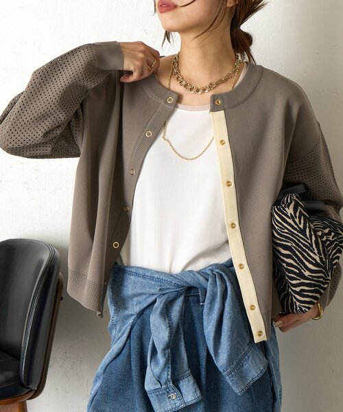 Jena espace merveilleux(ジェナ エスパスメルヴェイユ)の「ビハイ袖メッシュ2WAYカーディガン(カーディガン/ボレロ・レディース・パープル/グレー/オフホワイト/ブルー・FREE)」の2枚目の写真