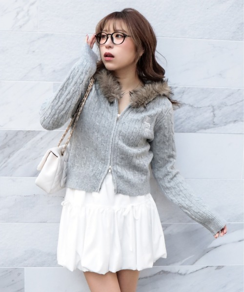 セール】《ケーブル編み×ファーフード》ダブルZIPニットパーカー／秋冬