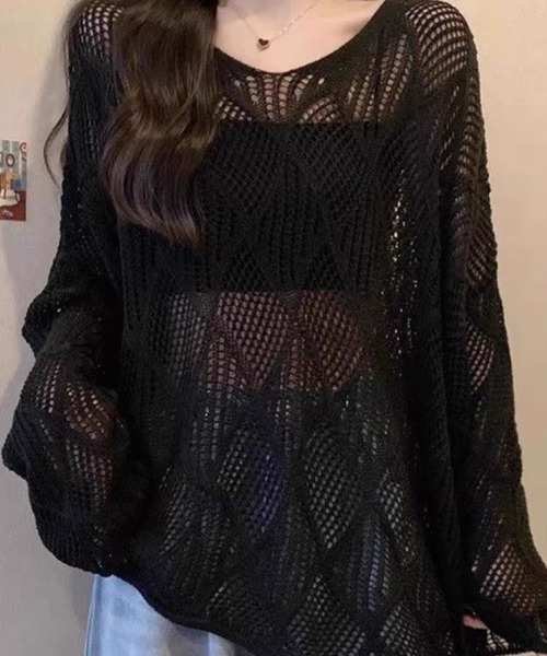 SallyLunn(サリーラン)の「メッシュ編みニットトップス(ニット/セーター・レディース・ホワイト/ブラック・LARGE/MEDIUM)」の2枚目の写真