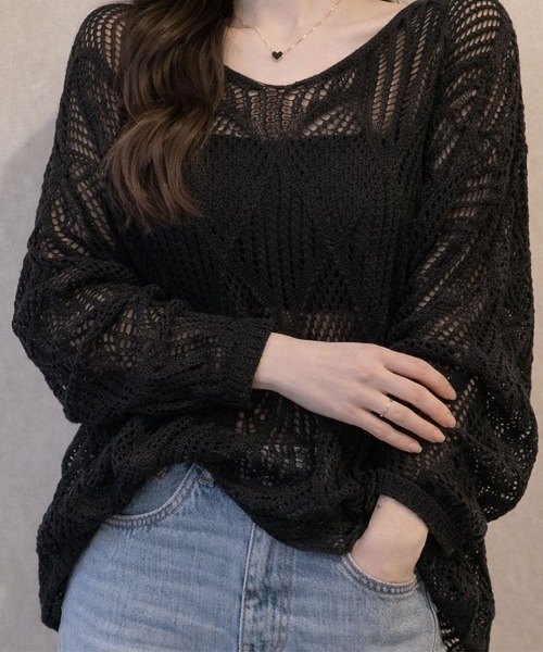 SallyLunn(サリーラン)の「メッシュ編みニットトップス(ニット/セーター・レディース・ホワイト/ブラック・LARGE/MEDIUM)」の3枚目の写真