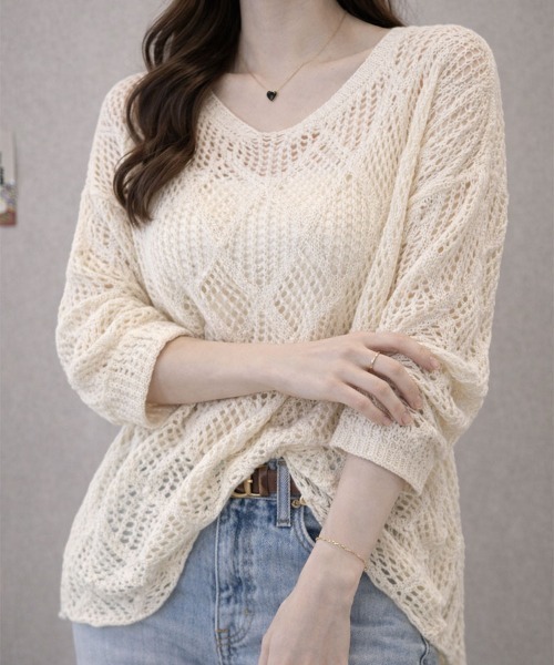 SallyLunn(サリーラン)の「メッシュ編みニットトップス(ニット/セーター・レディース・ホワイト/ブラック・LARGE/MEDIUM)」の5枚目の写真