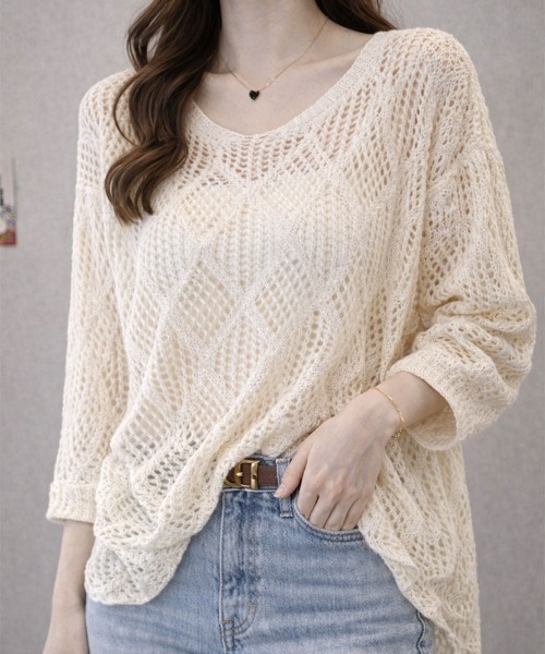 SallyLunn(サリーラン)の「メッシュ編みニットトップス(ニット/セーター・レディース・ホワイト/ブラック・LARGE/MEDIUM)」の6枚目の写真