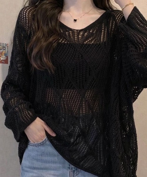 SallyLunn(サリーラン)の「メッシュ編みニットトップス(ニット/セーター・レディース・ホワイト/ブラック・LARGE/MEDIUM)」の7枚目の写真