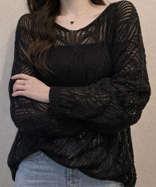 SallyLunn(サリーラン)の「メッシュ編みニットトップス(ニット/セーター・レディース・ホワイト/ブラック・LARGE/MEDIUM)」の9枚目の写真