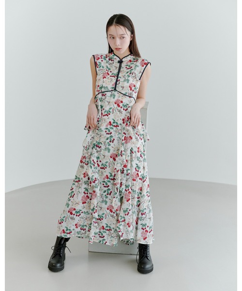 KEITA MARUYAMA リネン ボタニカル柄 ロングワンピース 日本製 2 LILY BROWN×KEITA MARUYAMA】ボタニカルチェリー柄ワンピース