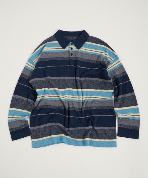 Perushu(ペルーシュ)の「PILE MULTI STRIPED POLO SHIRT/パイルマルチボーダーポロシャツ(ポロシャツ・レディース・ネイビー/ピンク系その他/アイボリー・FREE)」の1枚目の写真