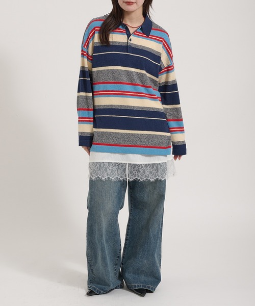 Perushu(ペルーシュ)の「PILE MULTI STRIPED POLO SHIRT/パイルマルチボーダーポロシャツ(ポロシャツ・レディース・ネイビー/ピンク系その他/アイボリー・FREE)」の10枚目の写真