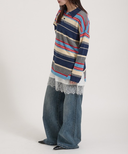 Perushu(ペルーシュ)の「PILE MULTI STRIPED POLO SHIRT/パイルマルチボーダーポロシャツ(ポロシャツ・レディース・ネイビー/ピンク系その他/アイボリー・FREE)」の12枚目の写真