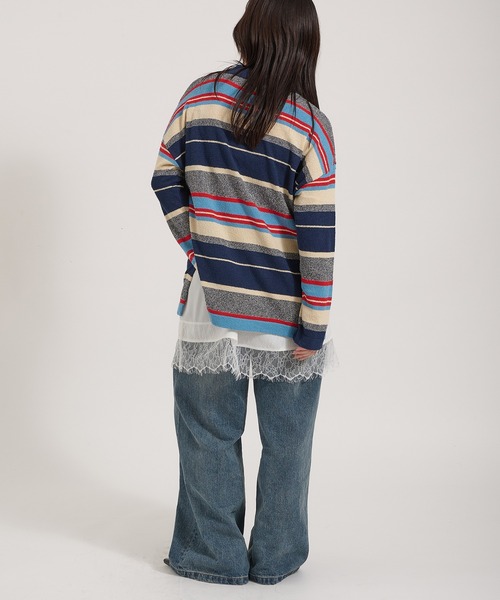 Perushu(ペルーシュ)の「PILE MULTI STRIPED POLO SHIRT/パイルマルチボーダーポロシャツ(ポロシャツ・レディース・ネイビー/ピンク系その他/アイボリー・FREE)」の13枚目の写真