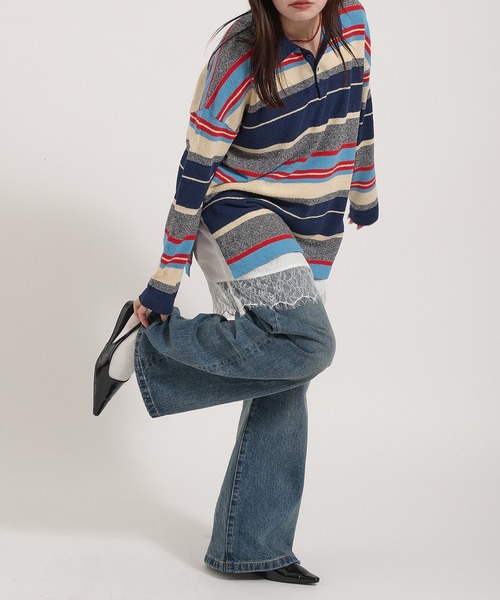 Perushu(ペルーシュ)の「PILE MULTI STRIPED POLO SHIRT/パイルマルチボーダーポロシャツ(ポロシャツ・レディース・ネイビー/ピンク系その他/アイボリー・FREE)」の11枚目の写真