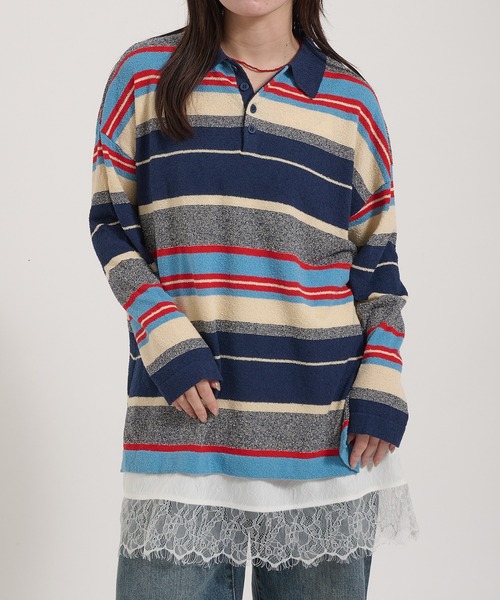 Perushu(ペルーシュ)の「PILE MULTI STRIPED POLO SHIRT/パイルマルチボーダーポロシャツ(ポロシャツ・レディース・ネイビー/ピンク系その他/アイボリー・FREE)」の5枚目の写真