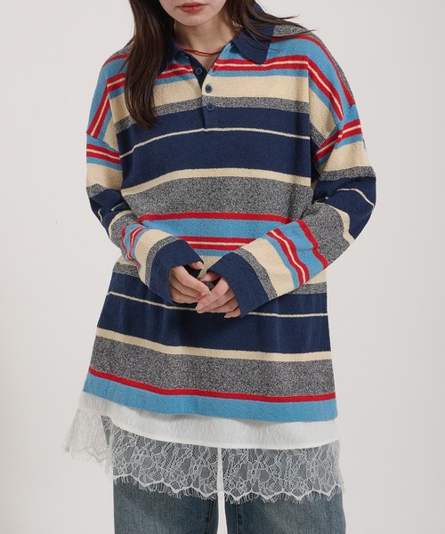 Perushu(ペルーシュ)の「PILE MULTI STRIPED POLO SHIRT/パイルマルチボーダーポロシャツ(ポロシャツ・レディース・ネイビー/ピンク系その他/アイボリー・FREE)」の6枚目の写真