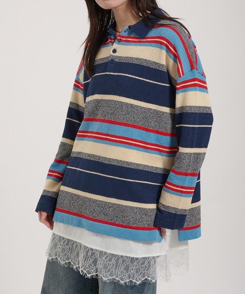 Perushu(ペルーシュ)の「PILE MULTI STRIPED POLO SHIRT/パイルマルチボーダーポロシャツ(ポロシャツ・レディース・ネイビー/ピンク系その他/アイボリー・FREE)」の7枚目の写真