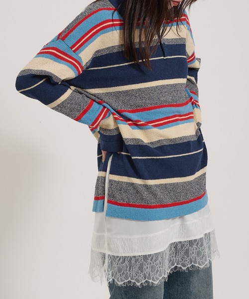 Perushu(ペルーシュ)の「PILE MULTI STRIPED POLO SHIRT/パイルマルチボーダーポロシャツ(ポロシャツ・レディース・ネイビー/ピンク系その他/アイボリー・FREE)」の9枚目の写真
