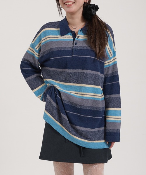 Perushu(ペルーシュ)の「PILE MULTI STRIPED POLO SHIRT/パイルマルチボーダーポロシャツ(ポロシャツ・レディース・ネイビー/ピンク系その他/アイボリー・FREE)」の22枚目の写真