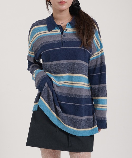Perushu(ペルーシュ)の「PILE MULTI STRIPED POLO SHIRT/パイルマルチボーダーポロシャツ(ポロシャツ・レディース・ネイビー/ピンク系その他/アイボリー・FREE)」の21枚目の写真