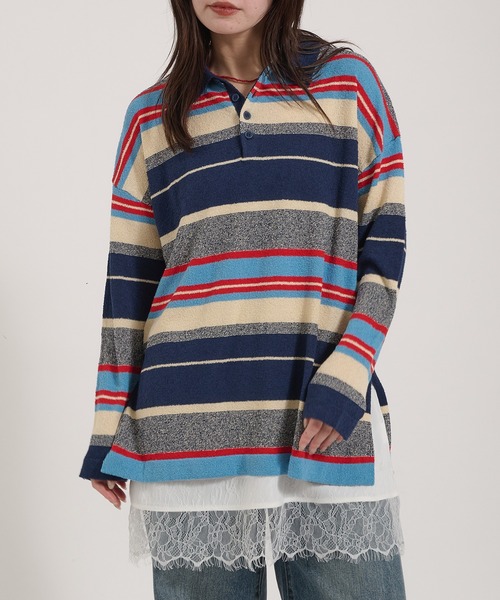 Perushu(ペルーシュ)の「PILE MULTI STRIPED POLO SHIRT/パイルマルチボーダーポロシャツ(ポロシャツ・レディース・ネイビー/ピンク系その他/アイボリー・FREE)」の4枚目の写真