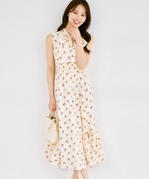 【ZOZO限定】チークフラワーパターンボウタイノースリーブワンピース