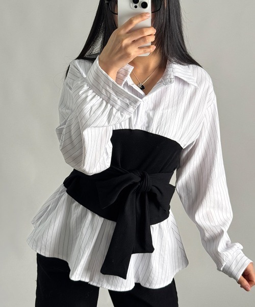 Emilie（エミリー）の「レイヤード風 ストライプ ペプラムシャツ（Tシャツ/カットソー・レディース・アイボリー/ブラック/ライトブルー・FREE）」の7枚目の写真
