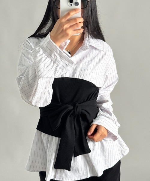 Emilie（エミリー）の「レイヤード風 ストライプ ペプラムシャツ（Tシャツ/カットソー・レディース・アイボリー/ブラック/ライトブルー・FREE）」の8枚目の写真