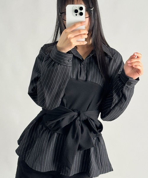Emilie（エミリー）の「レイヤード風 ストライプ ペプラムシャツ（Tシャツ/カットソー・レディース・アイボリー/ブラック/ライトブルー・FREE）」の12枚目の写真
