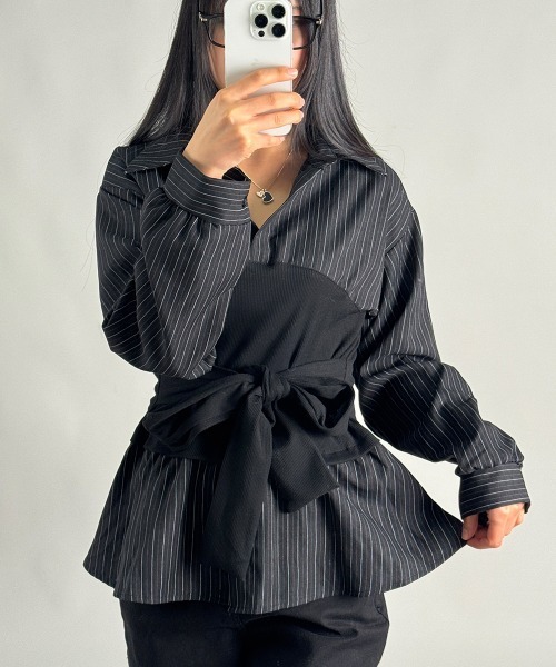 Emilie（エミリー）の「レイヤード風 ストライプ ペプラムシャツ（Tシャツ/カットソー・レディース・アイボリー/ブラック/ライトブルー・FREE）」の15枚目の写真