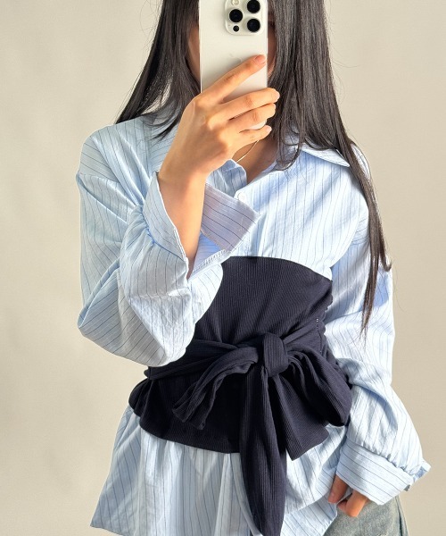 Emilie（エミリー）の「レイヤード風 ストライプ ペプラムシャツ（Tシャツ/カットソー・レディース・アイボリー/ブラック/ライトブルー・FREE）」の21枚目の写真