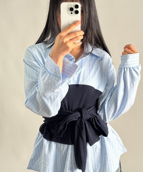 Emilie（エミリー）の「レイヤード風 ストライプ ペプラムシャツ（Tシャツ/カットソー・レディース・アイボリー/ブラック/ライトブルー・FREE）」の22枚目の写真
