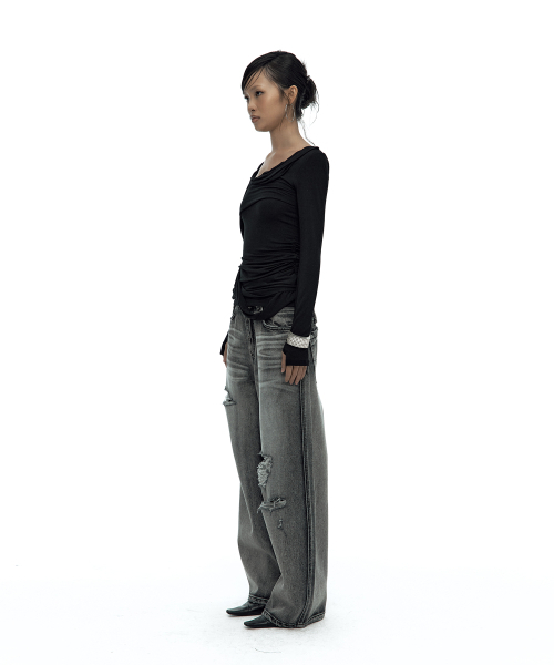 Drape Asymmetric Long Sleeve Black（Tシャツ/カットソー）｜KASHIKO