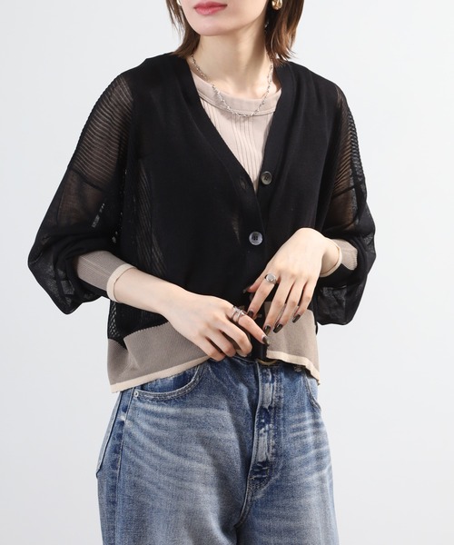 Anna Nicola(アンナニコラ)の「Anna Nicola 配色ニットシアーカーディガン(カーディガン/ボレロ・レディース・ターコイズブルー/グレイッシュベージュ/ブラック・38)」の4枚目の写真