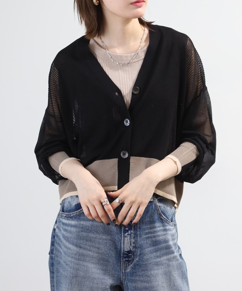 Anna Nicola(アンナニコラ)の「Anna Nicola 配色ニットシアーカーディガン(カーディガン/ボレロ・レディース・ターコイズブルー/グレイッシュベージュ/ブラック・38)」の6枚目の写真