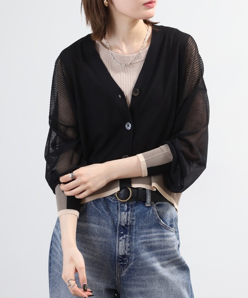 Anna Nicola(アンナニコラ)の「Anna Nicola 配色ニットシアーカーディガン(カーディガン/ボレロ・レディース・ターコイズブルー/グレイッシュベージュ/ブラック・38)」の8枚目の写真