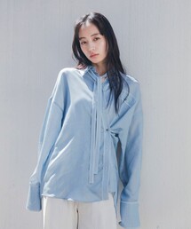 【大人気！】シアーデニムトリムシャツ｜ウォッシャブル/秋服/長袖/オフィスカジュアル/オケージョン/ボウタイ
